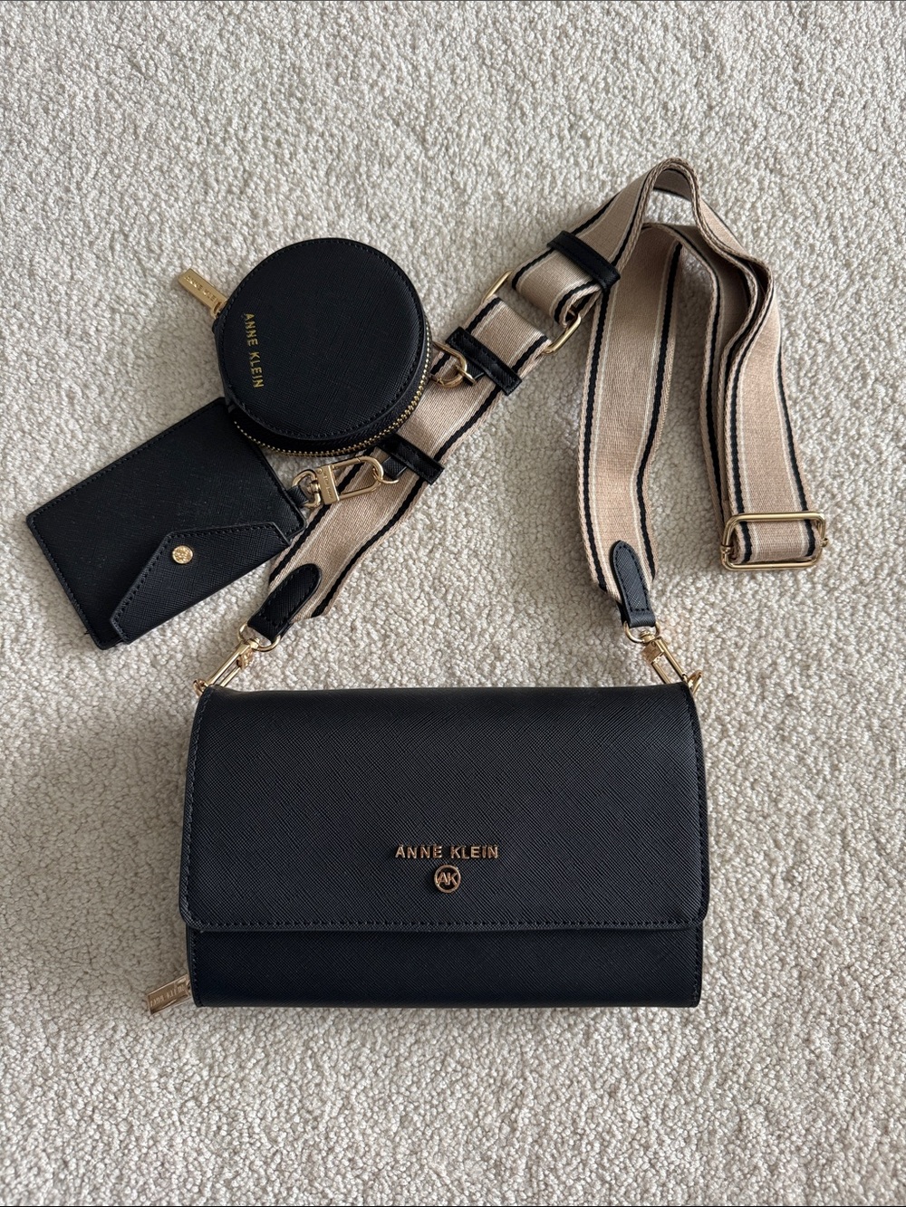 Anne Klein Black Crossbody Wallet with Beige Striped Removable Strap